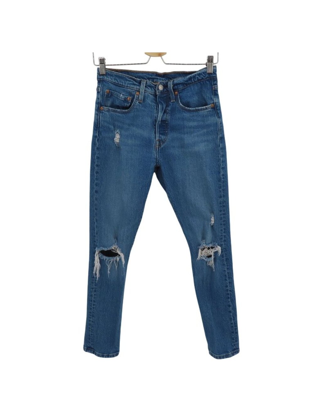 Levis Women 26 Button Fly 501 Skinny Blue Denim Jeans Distressed Cotton Pockets